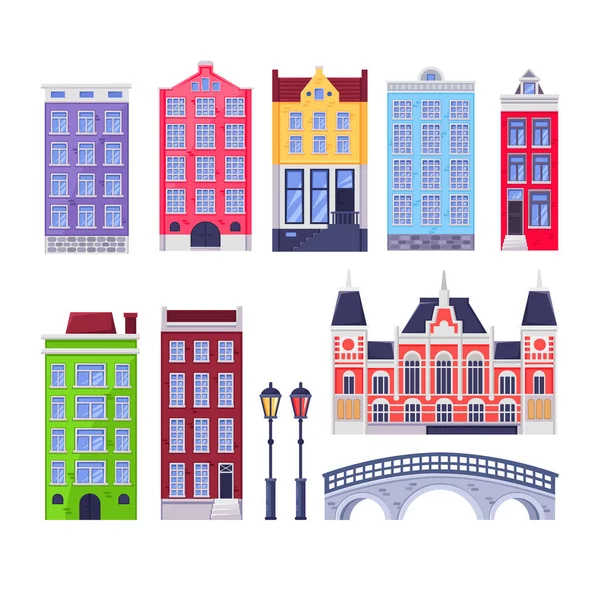 Amsterdam Cidade Edifícios Marco Casas Antigas Holland Multicoloridas Ilustração Desenho — Vetor de Stock