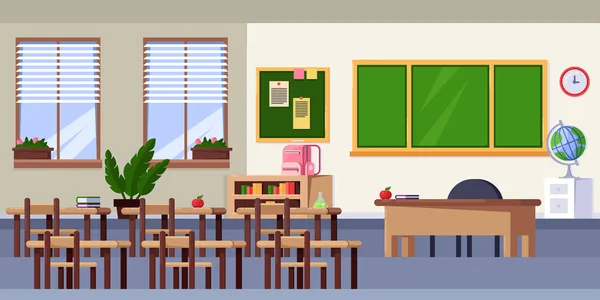 Interior Vacío Del Aula Ilustración Plana Vectorial Mobiliario Escolar Elementos — Vector de stock