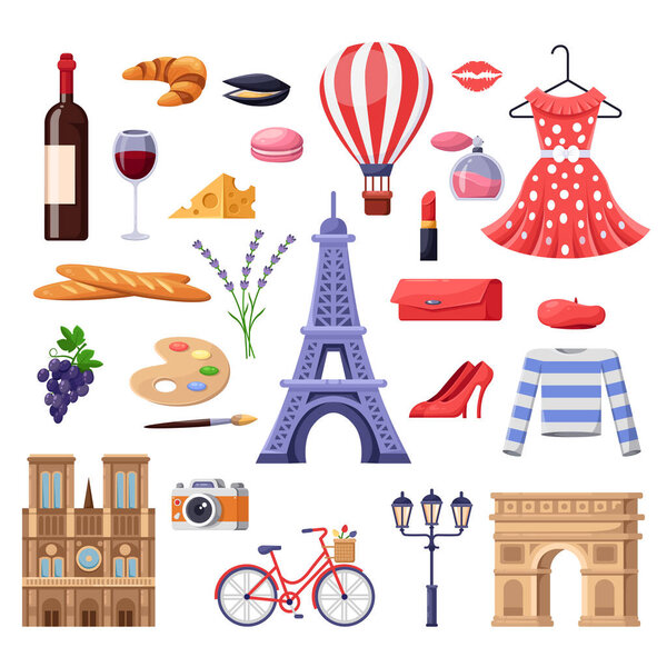 Поездка во Францию элементов дизайна. Туристические достопримечательности Парижа, мода и кулинарная иллюстрация. Векторные изолированные иконки.