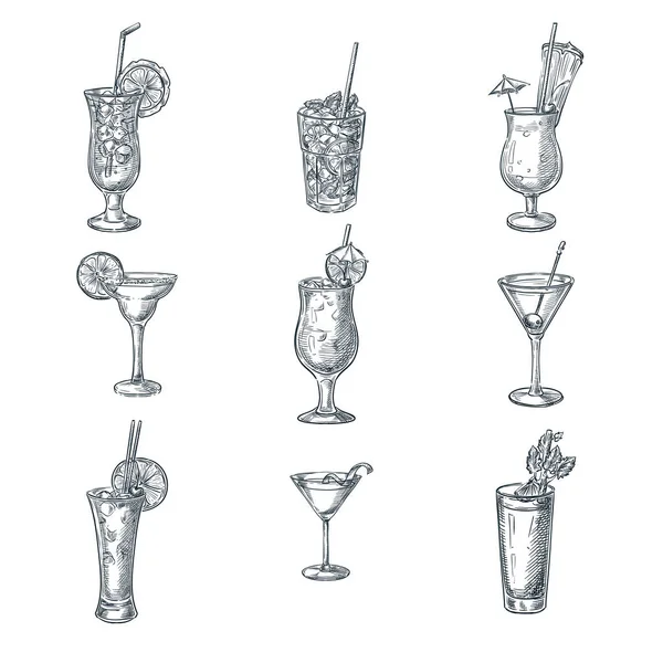 Alcool Cocktails Croquis Vectoriel Illustration Ensemble Boissons Boissons Isolées Dessinées — Image vectorielle