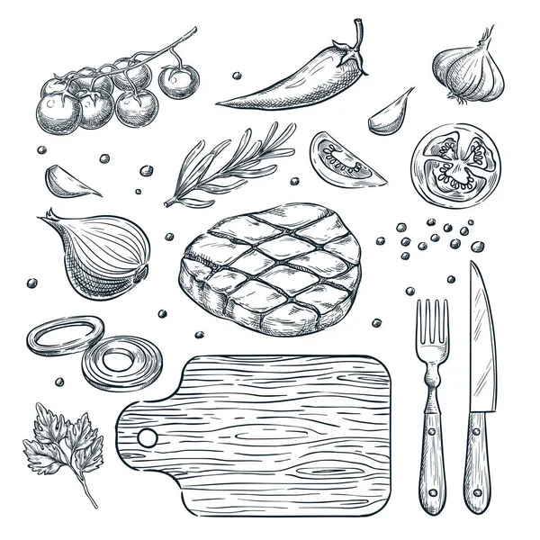 Vleesbiefstuk Koken Vectorschets Illustratie Set Van Geïsoleerde Hand Getrokken Voedselingrediënt — Stockvector