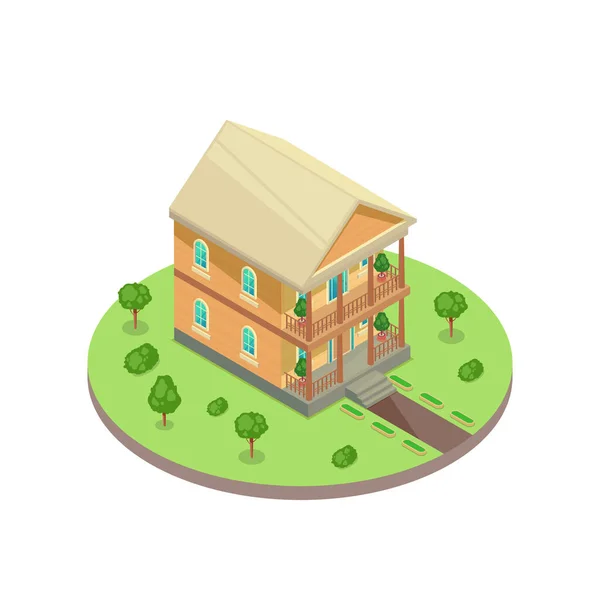 Classique Isométrique Style Chalet Maison Résidentielle Dans Cour Verte Illustration — Image vectorielle
