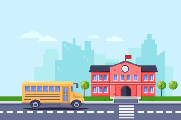 Volta Escola Ilustração Vetorial Plana Edifício Escola Autocarro Amarelo Estrada — Vetor de Stock