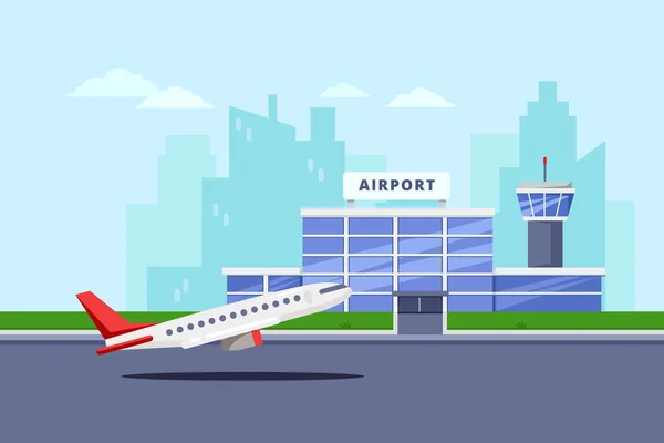 Aeroporto Terminal Construção Decolagem Aeronaves Ilustração Vetorial Plana Fundo Viagem —  Vetores de Stock