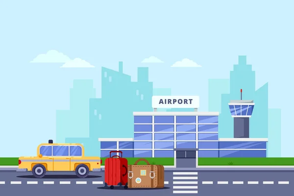 机场航站楼 行李袋和黄色出租车 矢量平面插图 的士服务及转乘概念 航空旅行背景和设计要素 — 图库矢量图片