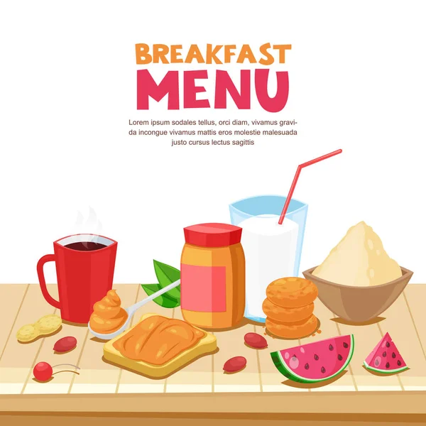 Ontbijt Menu Ontwerp Vector Cartoon Stijl Illustratie Broodje Pindakaas Thee — Stockvector