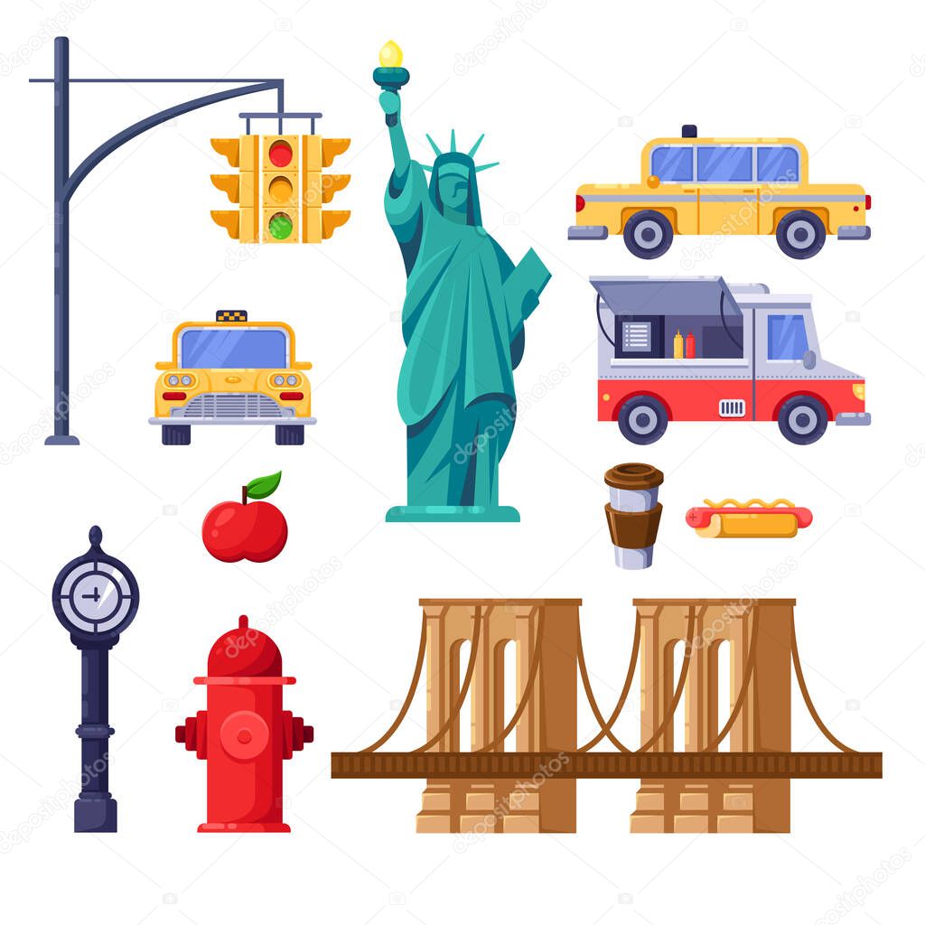 New York city symbols set. Vector travel isolated illustration. Yellow taxi, Statue of Liberty, Brooklyn Bridge, street fast food truck icons.