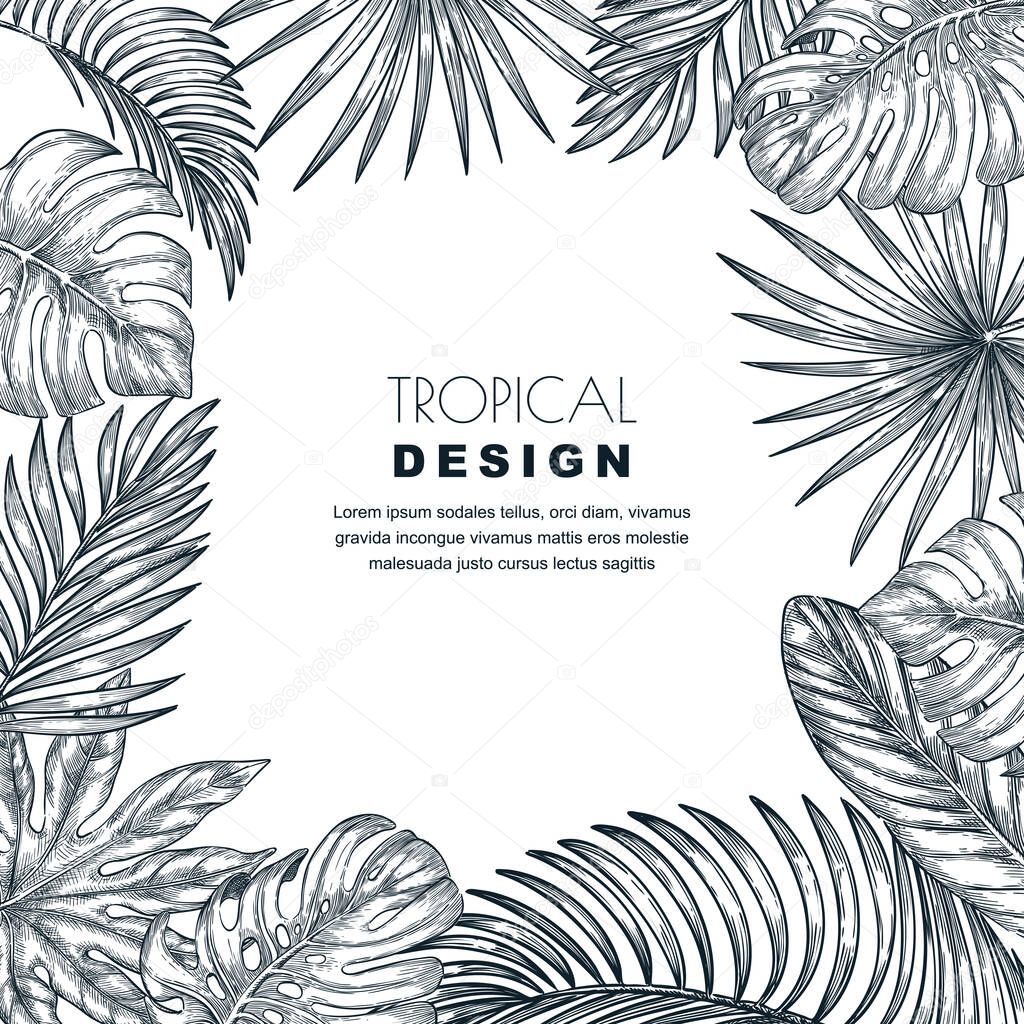 Tropical palm leaves vector square frame. Sketch hand drawn illustration of jungle exotic plants.