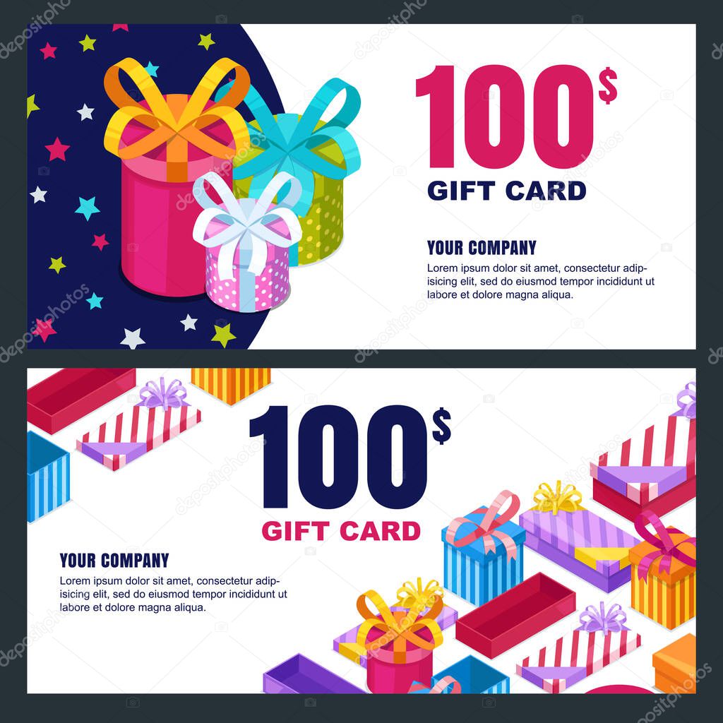 Gift card, voucher, certificate or coupon vector design layout. Discount banner template for holidays greetings. Multicolor 3d style isometric present boxes.