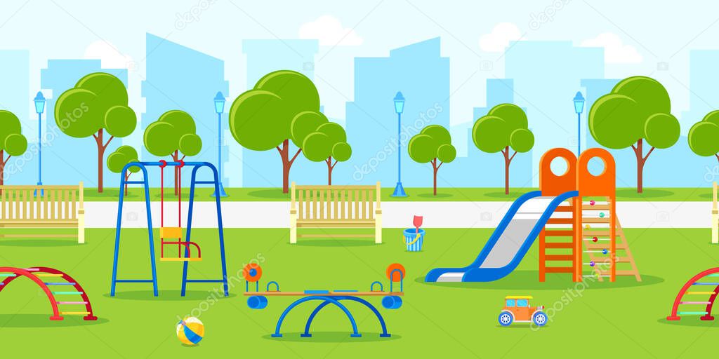 Kindergarten or kids playground in city park. Vector horizontal seamless background. Urban life, leisure and outdoor activities illustration. Summer or spring cityscape.