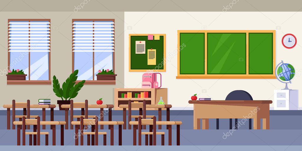 Empty classroom interior, vector flat illustration. School furniture and design elements. Back to school background.