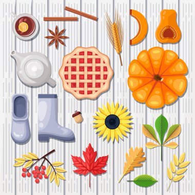 Beyaz ahşap arka planda sonbahar vektör simgeleri ve tasarım elementleri. Sonbahar hasadı, yiyecek ve yapraklar.