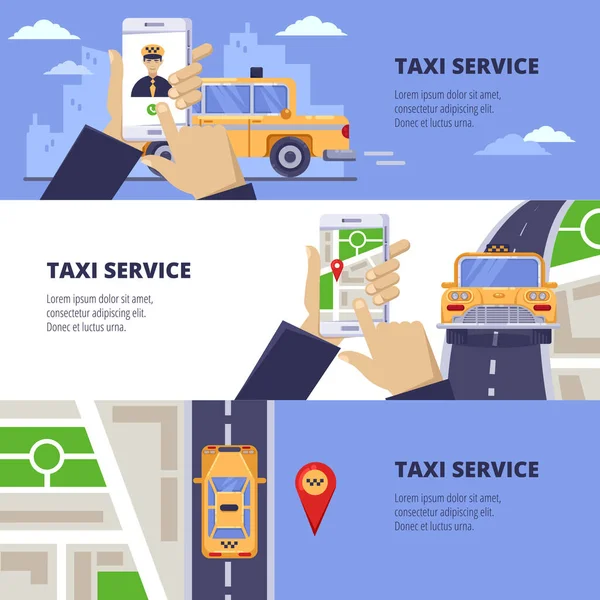 Taxi Služba Cestovní Koncept Vektorová Ilustrace Žluté Kabiny Silniční Mobilní — Stockový vektor