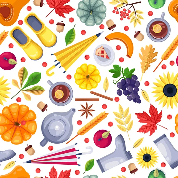 Herfst Seizoen Kleurrijke Wit Naadloos Patroon Vector Platte Illustratie Herfst — Stockvector