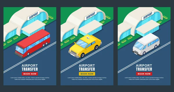 Transfer Letiště Vektorová Izometrická Ilustrace Nápis Plakát Leták Taxi Nebo — Stockový vektor
