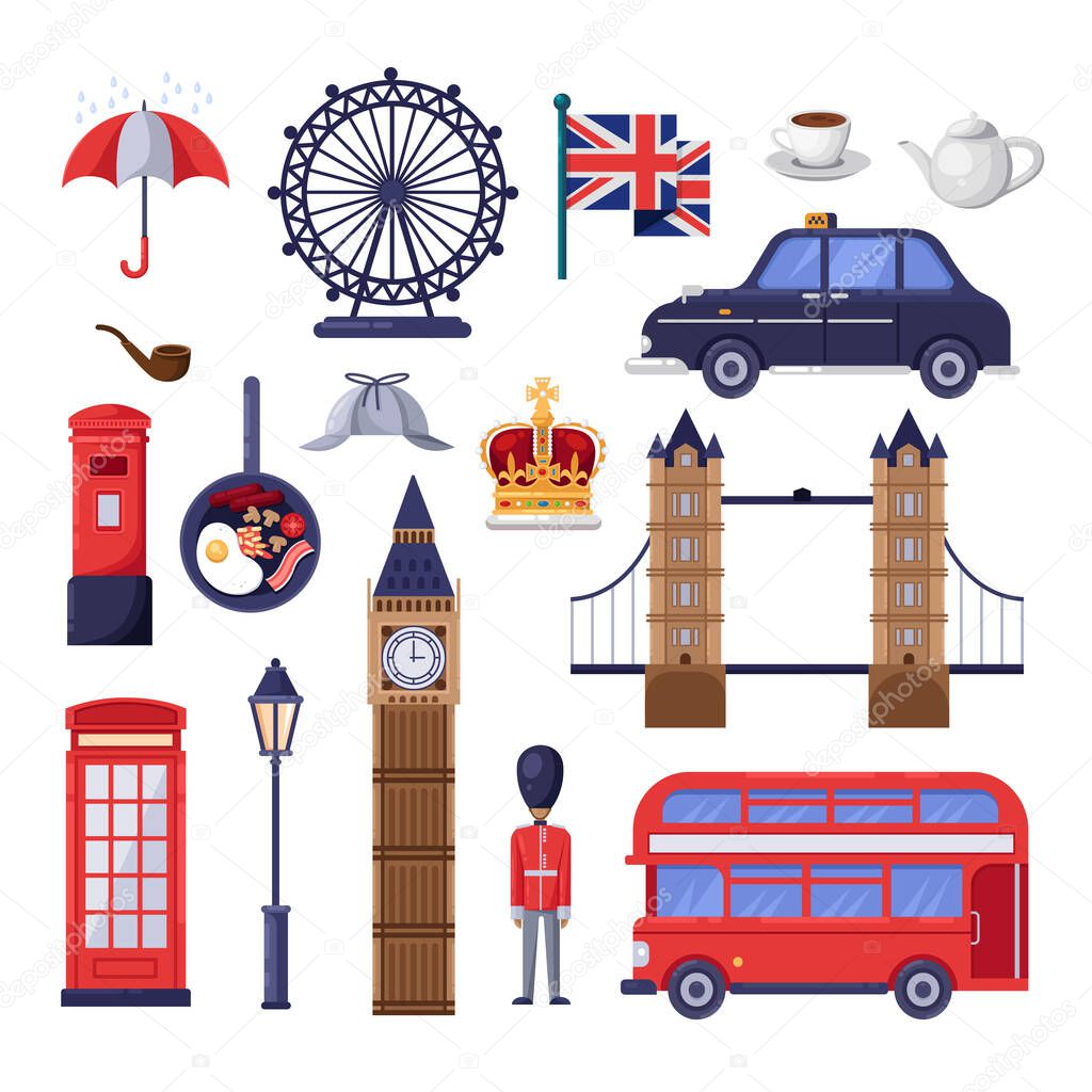 Travel to Great Britain design elements. England and London tourist landmarks, national symbols and food illustration. Vector cartoon isolated icons set.