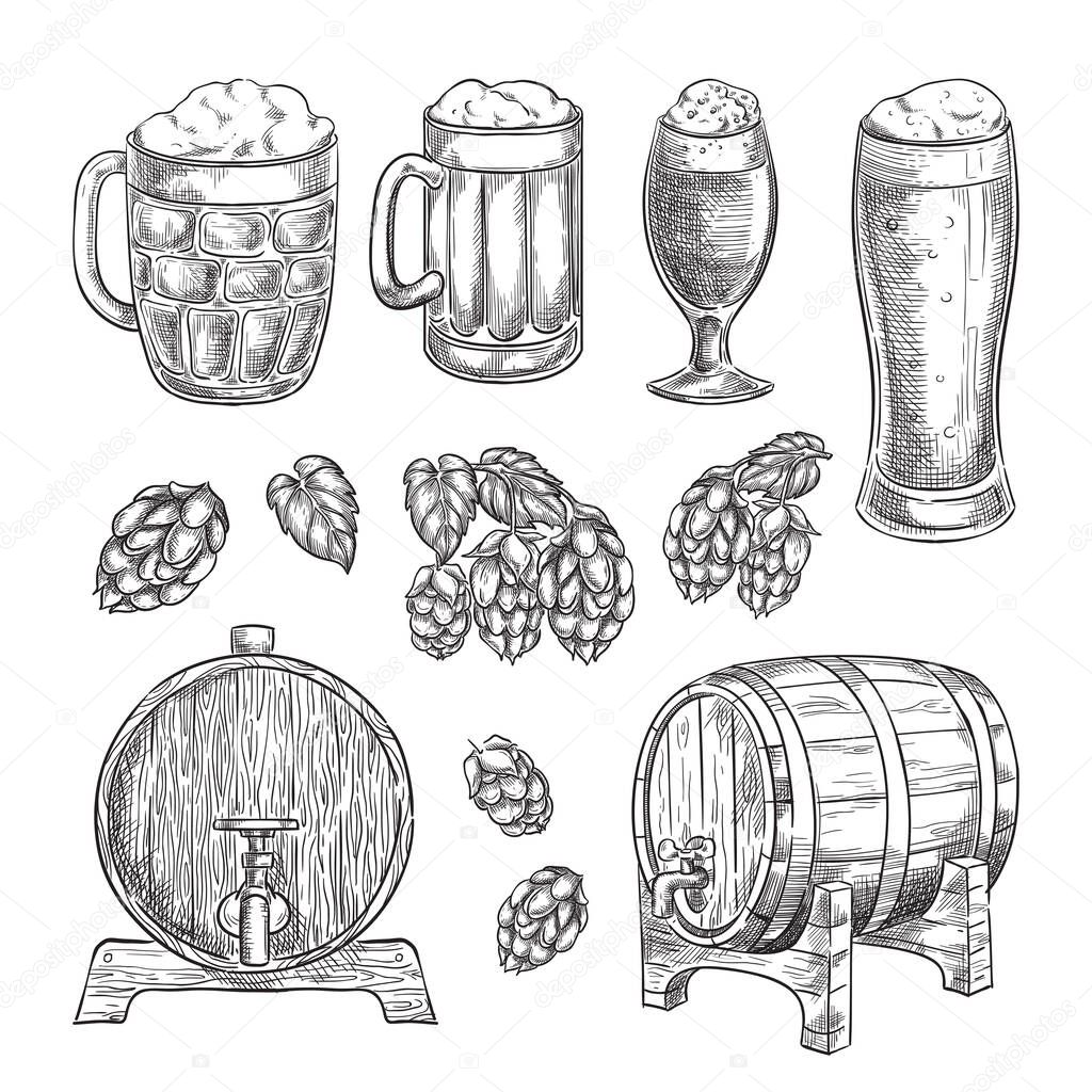 Beer sketch vector illustration. Glasses, mugs, hops, barrel hand drawn isolated elements for pub and bar design.