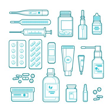 Eczane, ilaç ve sağlık hizmeti vektör çizgisi resim çizimi. Ana hatları haplar, uyuşturucular, şişe simgeleri ve tasarım elementleri.