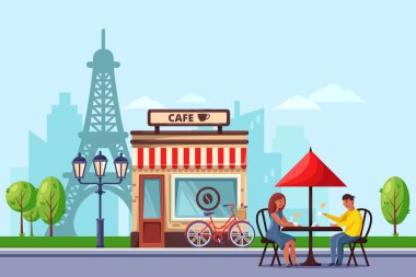 Paris Caddesi Kafe Vektör Düz Çizim 'deki genç çift. Romantik randevularda kahve içen kadın ve erkek. Fransa 'ya seyahat tasarım konsepti.