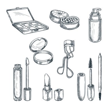 Makyaj kozmetik vektör çizimi. Kadın moda tasarım elementleri. El yapımı izole güzellik ve bakım ürünleri.