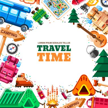 Beyaz arkaplan ile kamp vektör çerçevesi. Kamp malzemeleri, ekipman ve alet resimleri. Sancak ya da poster modern düz tasarım.