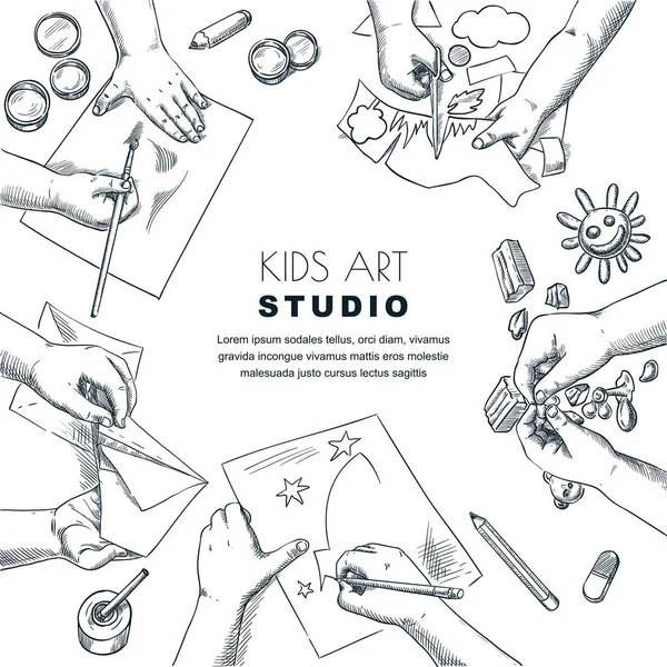 Παιδική Τέχνη Τάξη Διαδικασία Εργασίας Διάνυσμα Πάνω Όψη Σκίτσο Απεικόνιση — Διανυσματικό Αρχείο