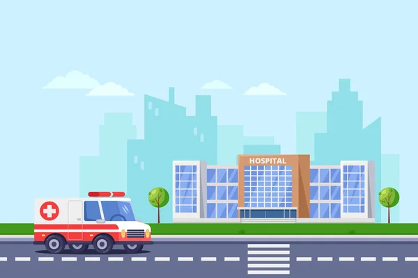 城市医院现代化建设 矢量平面图解 诊所医疗中心 救护车在路上 保健和医药设计要素 — 图库矢量图片