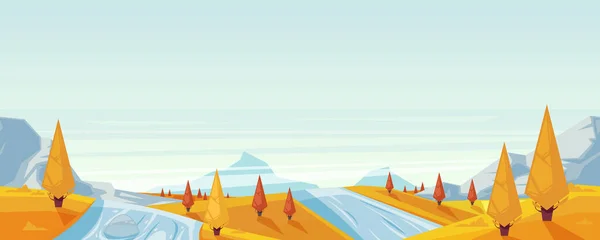 シームレスな水平方向の秋の風景の背景 黄色の牧草地 湖や川のベクトル秋の季節のイラスト アウトドアハイキングのコンセプト — ストックベクタ