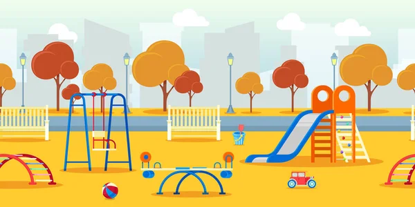 Ciudad Parque Otoño Con Jardín Infantes Parque Infantil Vector Horizontal — Vector de stock