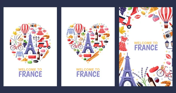 Bem Vindo França Cumprimentando Cartões Lembrança Impressão Modelo Design Cartaz — Vetor de Stock