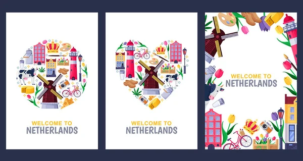 Bienvenido Países Bajos Tarjetas Felicitación Impresión Plantilla Diseño Póster Viaje — Vector de stock