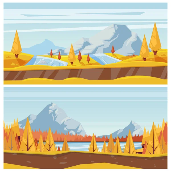 秋の風景の背景 黄色の牧草地 湖や川のベクトル秋の季節のイラスト アウトドアハイキングのコンセプト — ストックベクタ