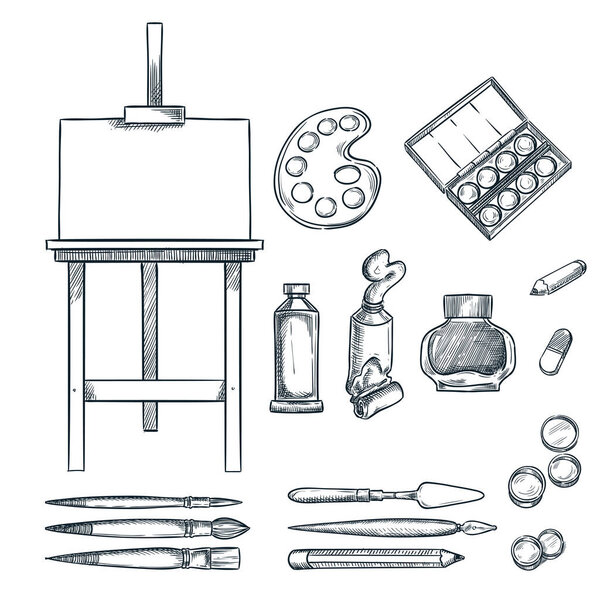Художественные принадлежности, векторная иллюстрация. Рисунок, живопись, элементы дизайна каллиграфии. Ручной рисунок и канцелярские принадлежности.