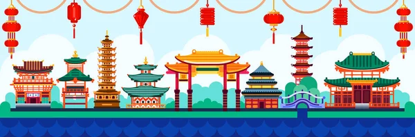 中国の町のデザイン要素 中国への旅行ベクトルフラットイラスト 伝統的な塔や提灯の背景 — ストックベクタ