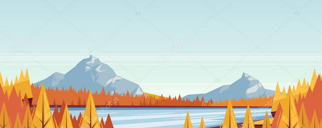 Seamless horizontal fall landscape background. Vector autumn illustration of mountains, hills, meadows, lake and river. Travel, outdoor hiking concept.