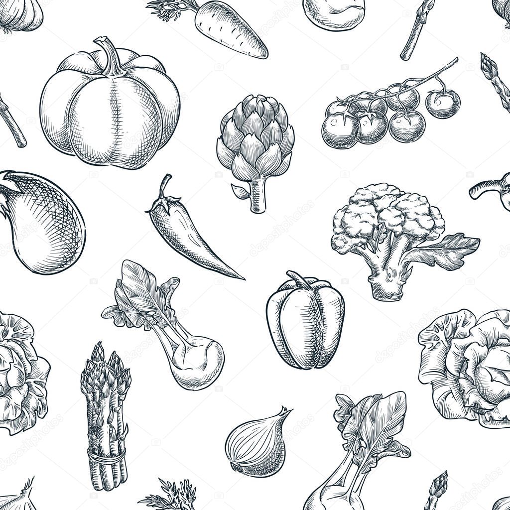 Vegetables seamless black white pattern. Vector sketch illustration. Farming and harvesting background. Fresh veggies market package design.