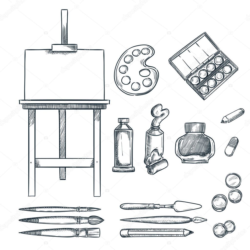 Art supplies, vector sketch illustration. Drawing, painting, calligraphy design elements. Hand drawn isolated craft and stationery stuff.
