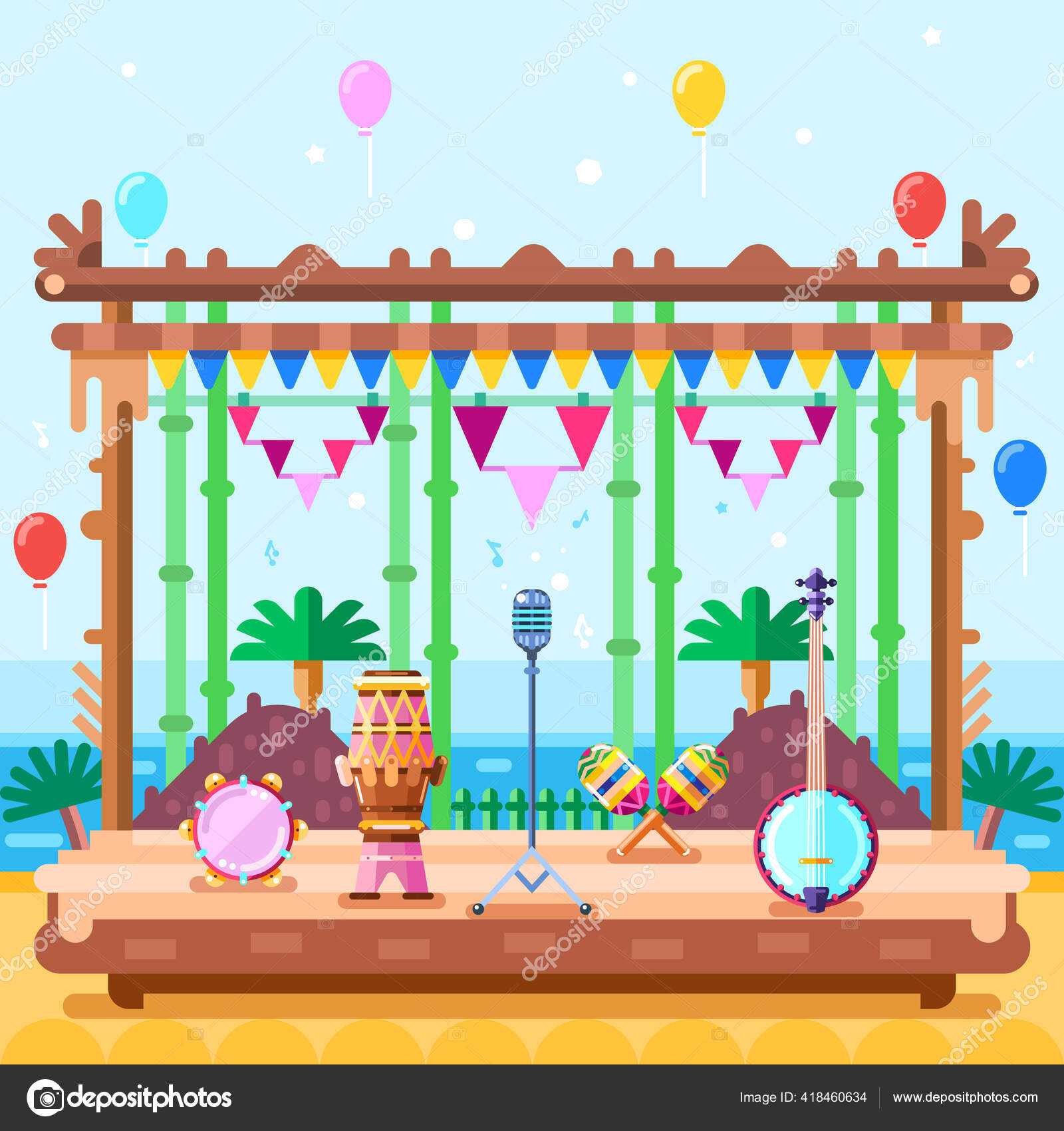 屋外コンサートステージ ベクトルフラットイラスト シーンの表彰台に楽器やスポットライト機器 音楽夏のビーチフェスティバルのデザイン要素 ストックベクター C Qualitdesugn 屋外コンサートステージ ベクトルフラットイラスト シーンの表彰台に楽器やスポットライト機器 音楽夏のビーチフェスティバルのデザイン要素 ストックベクター C Qualitdesugn