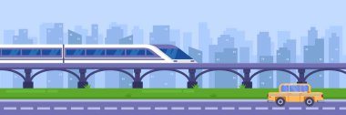 Demiryolu köprüsündeki modern yüksek hızlı tren. Demiryolu yolcusu toplu taşıma, vektör çizimi. Demiryolu seyahati ve seyahat konsepti.