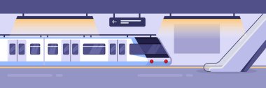 Boş metro istasyonunda modern tren. Demiryolu metro istasyonu, iç mekan, vektör çizimi. Şehir yolcusu, yer altı toplu taşıma.