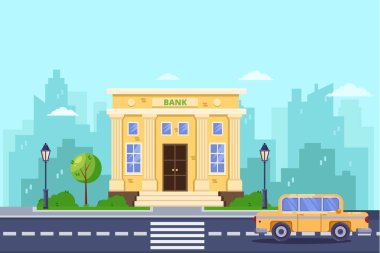 Banka binası, vektör düz çizim. Bankacılık ve finansal hizmet. Şehir sokağı, şehir manzarası geçmişi.