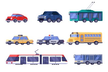 Belediye belediyesi halk ve kişisel ulaşım seti. Vektör düz araç çizimi. Renkli modern araba, tramvay, otobüs, tramvay, tren beyaz arka planda izole edilmiş..
