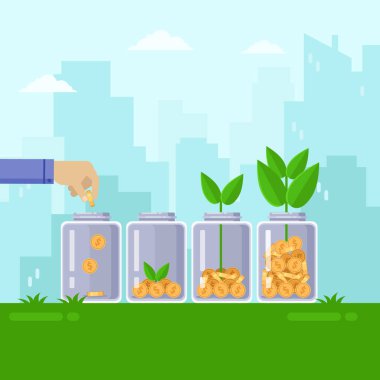 Yatırım ve finansman sektörü konsepti. El temiz kavanoza para koyuyor. Vektör düz çizim. Gökdelenlerin arka planında büyüyen yeşil para ağacı.