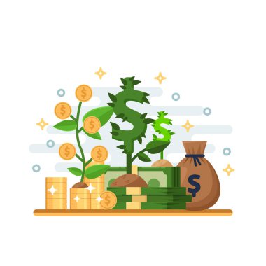 Yatırım, kalkınma ve finansman sektörü kavramı. Yeşil dolar bitkisi, altın sikkeleri ve nakit tasarrufu olan ağaç, izole edilmiş semboller..