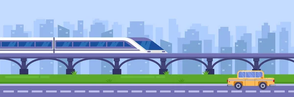 Tren Moderno Alta Velocidad Puente Ferroviario Transporte Público Ferroviario Pasajeros — Vector de stock