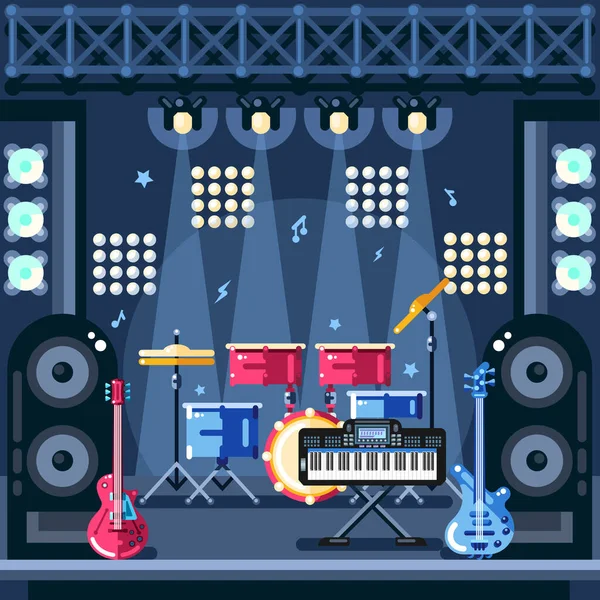 Rock Scène Concert Vecteur Plat Illustration Instruments Musique Projecteurs Sur — Image vectorielle