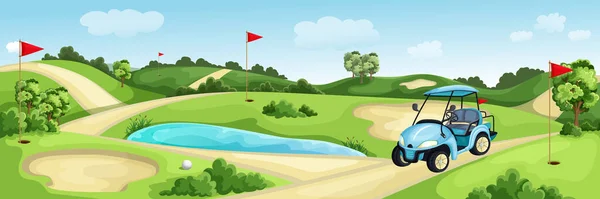 Golfplatz Mit Grün Wasser Und Sandbunker Sommer Landschaft Vektor Cartoon — Stockvektor