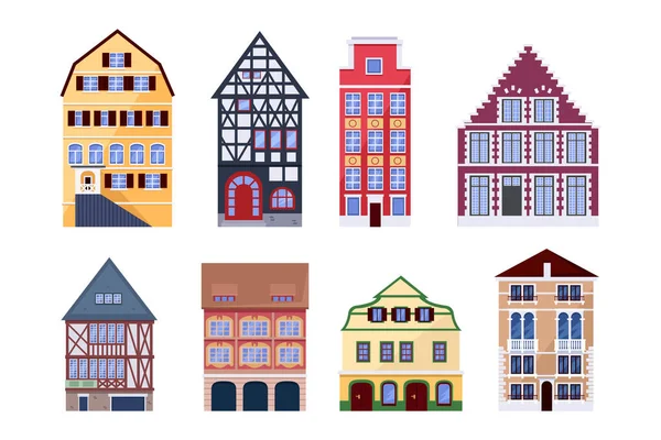 欧洲古老的城镇房屋 构造矢量平面孤立的插图 城市建筑设计要素 — 图库矢量图片