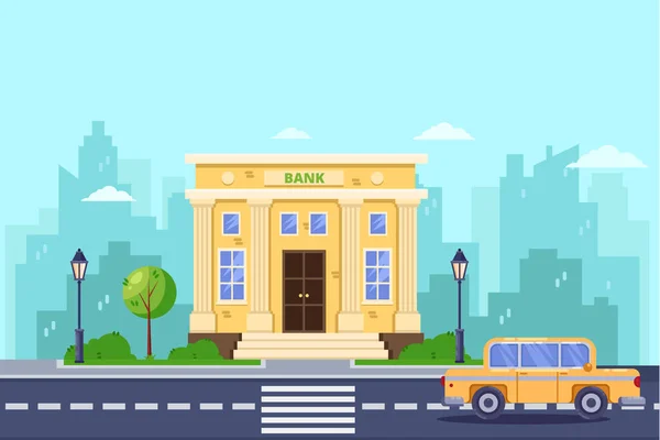 Edificio Bancario Illustrazione Piatta Vettoriale Servizi Bancari Finanziari Città Strada — Vettoriale Stock