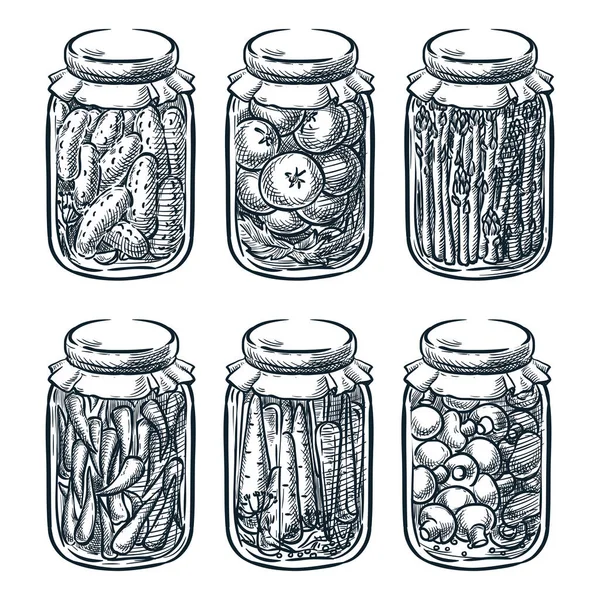 玻璃瓶中的泡菜和蘑菇 矢量草图说明 土制保护手绘设计元素 — 图库矢量图片